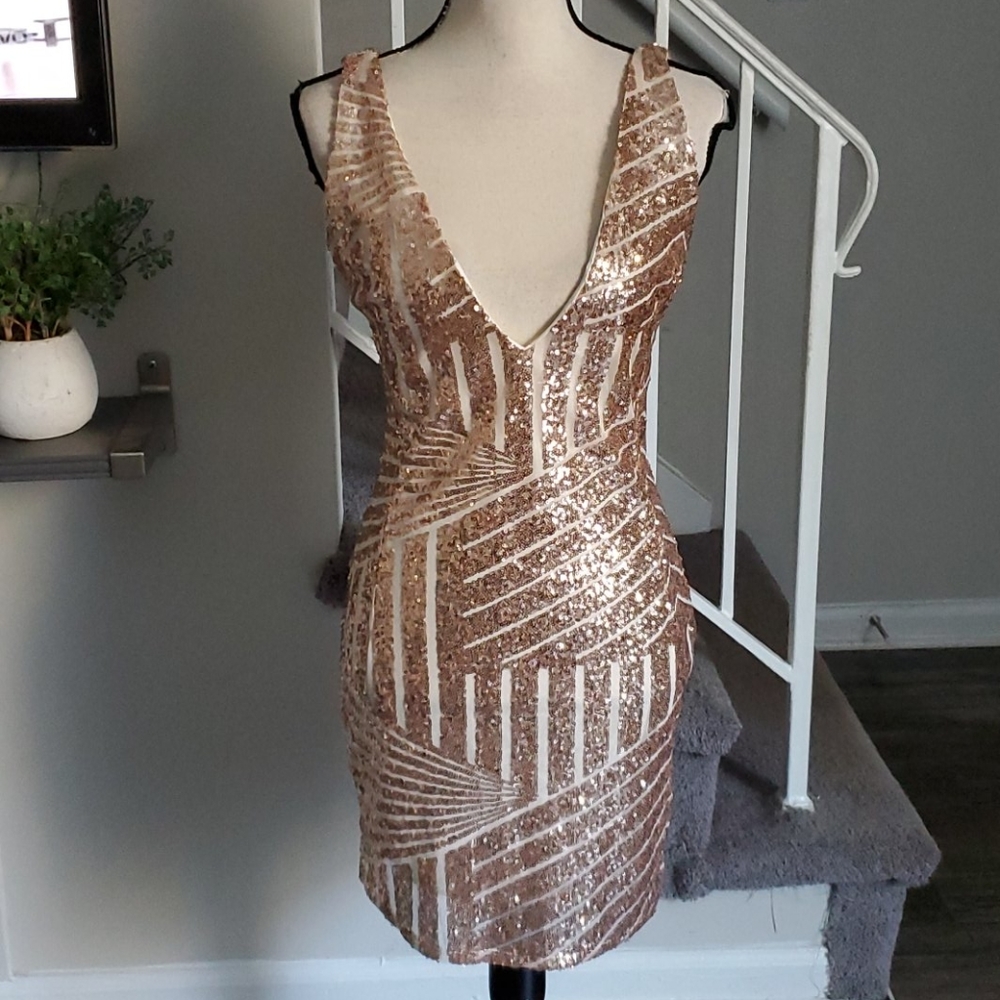 Plunging Neckline Abstract Sequin Gold Mini Dress